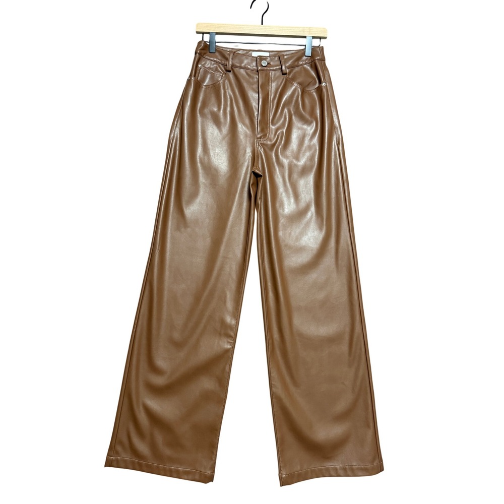 WeWoreWhat Faux Leather Pants Women 27 Brown Wide Leg High Rise Chic Streetwear